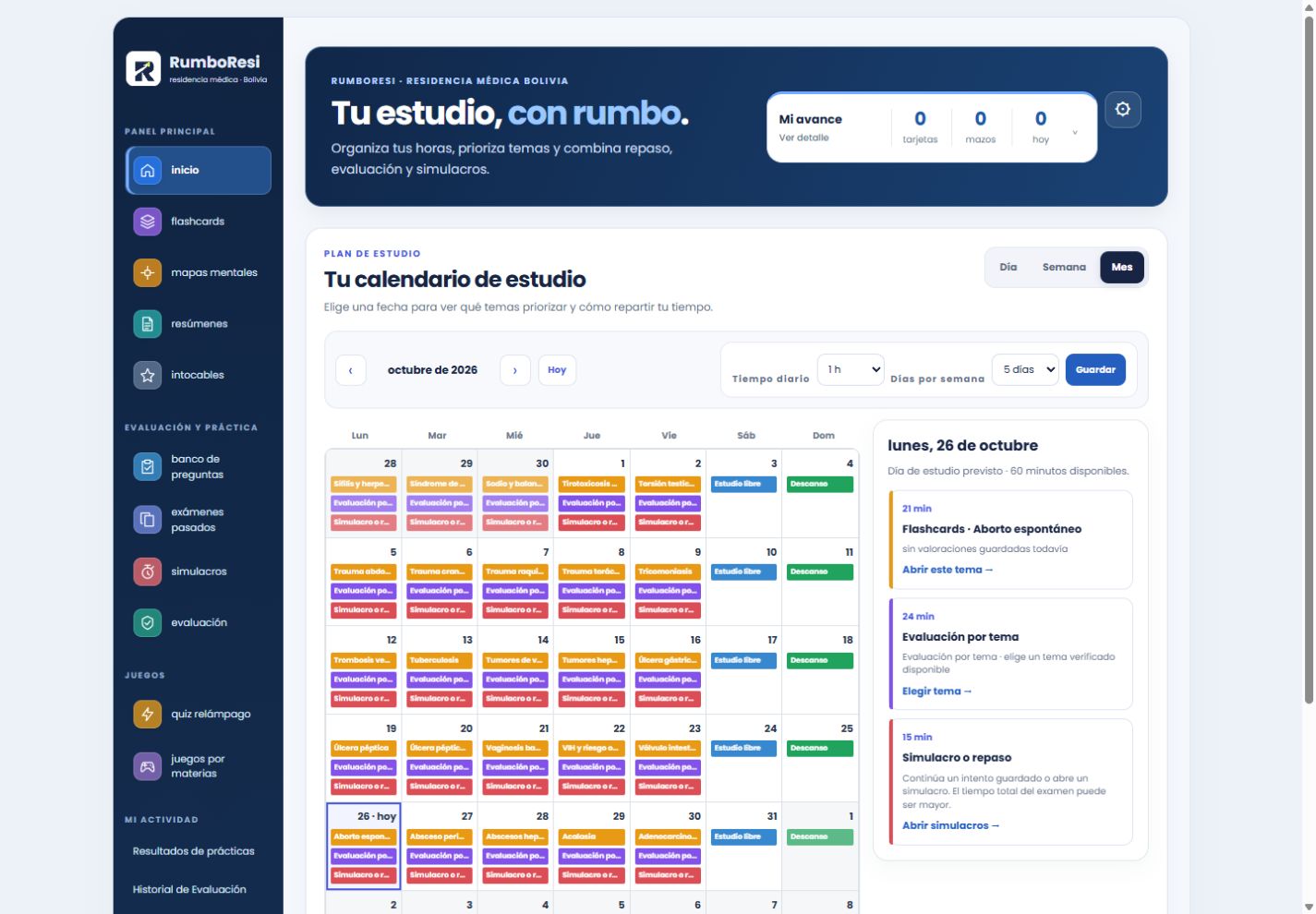 Vista real de RumboResi: navegación por materias, calendario mensual y actividades de estudio