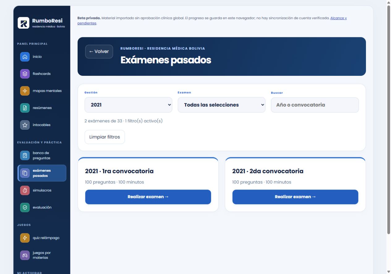Catálogo real de exámenes y recopilaciones de RumboResi, con filtros por año y comentarios disponibles