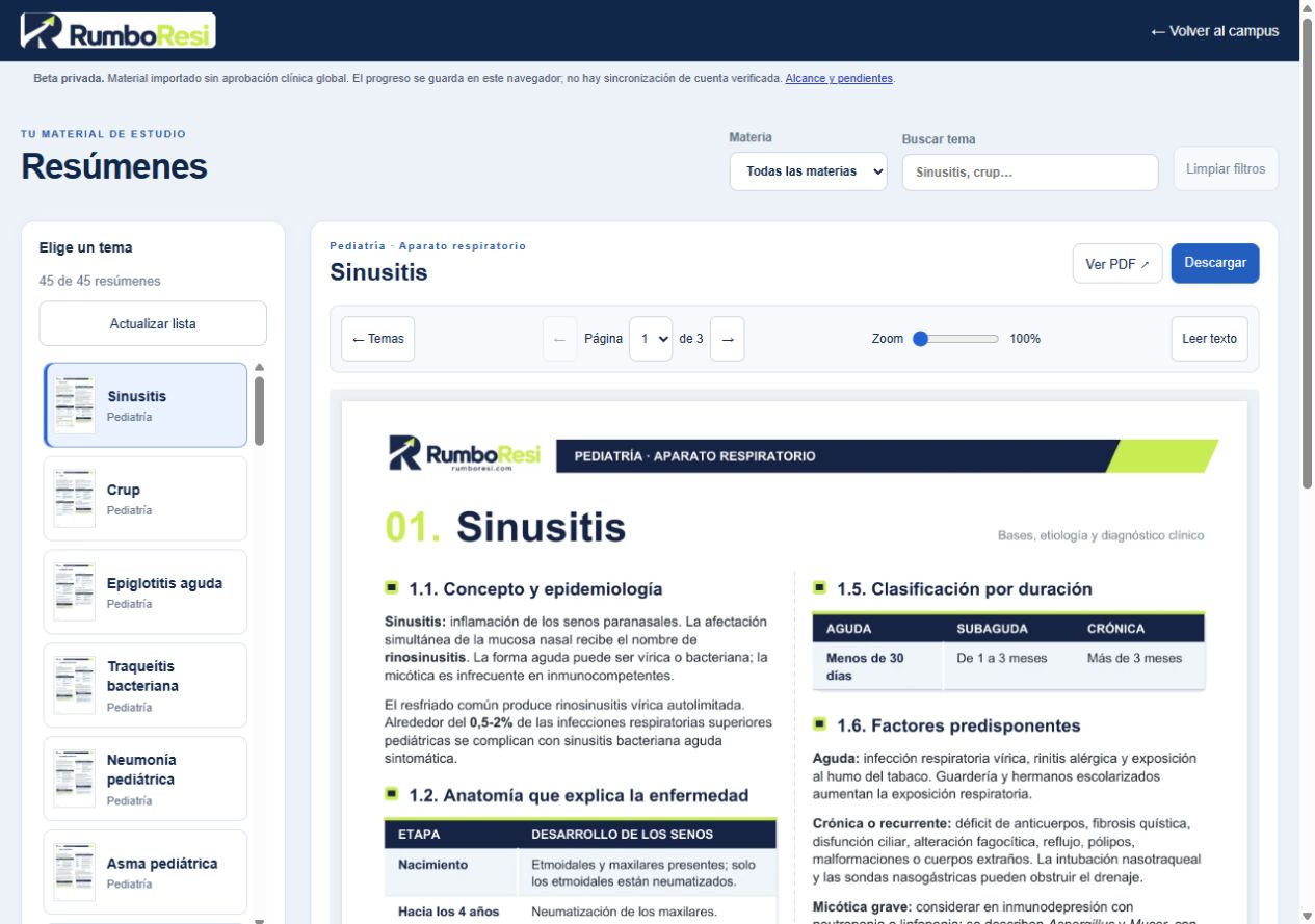 Lector real de un resumen de Sinusitis en RumboResi