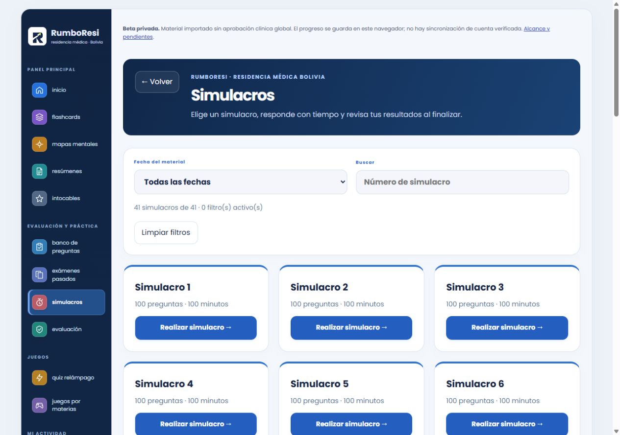 Catálogo real de simulacros de RumboResi con selección de prácticas y su duración
